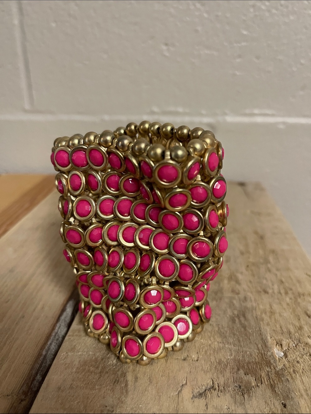 Betsey Johnson Gold-Tone Stretch Bracelet with Hot Pink Cabochons